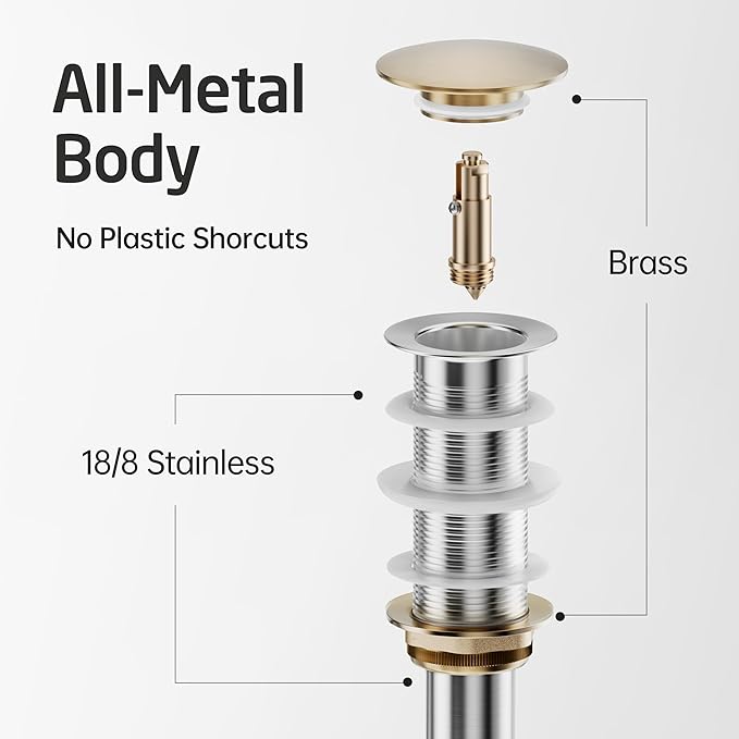 KES All-Metal Pop Up Bathroom Sink Drain, Extended Thread for Thicker Vessel Sinks & Countertops, Durable Brass & Stainless Steel, No Overflow, Brushed Gold, S2022D-BZ