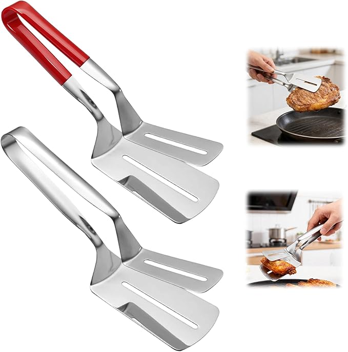 2PCS Stainless Steel Grill Clamp, Anti-Scald Extended Handle Spatula Tong, Steel Double-Sided Shovel Clip For Grilling Meat, Fish And Pancakes (B)