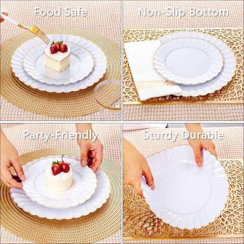 Ciaell 175 Piece White and Gold Plastic Plates for Weddings Parties