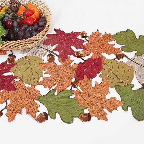 OWENIE Fall Table Runner, Fall Decor for Home, Thanksgiving Table Runner 70 Inches Long, Embroidered Fall Leaves Harvest Maple Leaf Decoration for Autumn, Applique Dresser Scarf