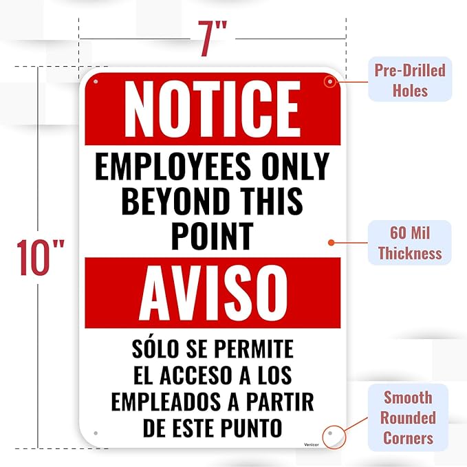2PC Employees Only Beyond This Point Sign Bilingual, 10 x 7 Inches - Aluminum - No Customers Allowed In Work Area Staff Only Sign For Door