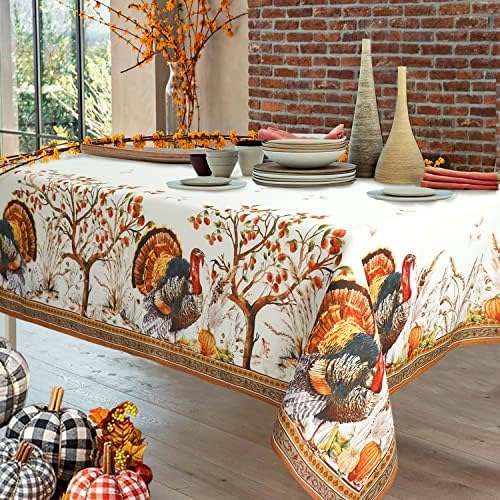 Fall Thanksgiving Double Border Decoration Tablecloth,Turkey & Pumpkin Harvest Tablecloths, Waterproof Table Cover for Dinner Kitchen Party Holiday Decorations, 60"x 84" Oblong/Rectangle