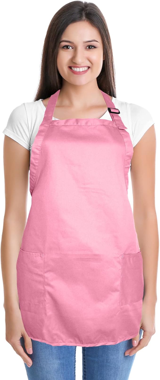DALIX Apron Commercial Restaurant Home Bib Spun Poly Cotton Kitchen Aprons (2 Pockets) (12, Pink)