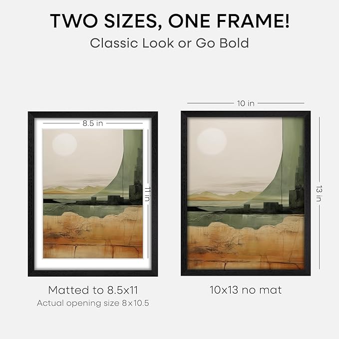 Homeforia 10x13 Picture Frame Black Wood, High End Oak 10x13 Poster Frames with Mat 8.5x11, 10 x 13 Wooden Frames Matted to 8.5 x 11 inch Photo, 13x10 Hanging Frame, Tempered Glass, Wall Kit, Set of 2