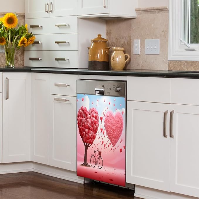 Bicycle Valentine's Day Love Dishwasher Magnet Cover, Reusable Refrigerator Panel Stickers Microwave Front Door Covers Magnets for Kitchen Home Appliances Holiday Party Decorations 23 X 26 in