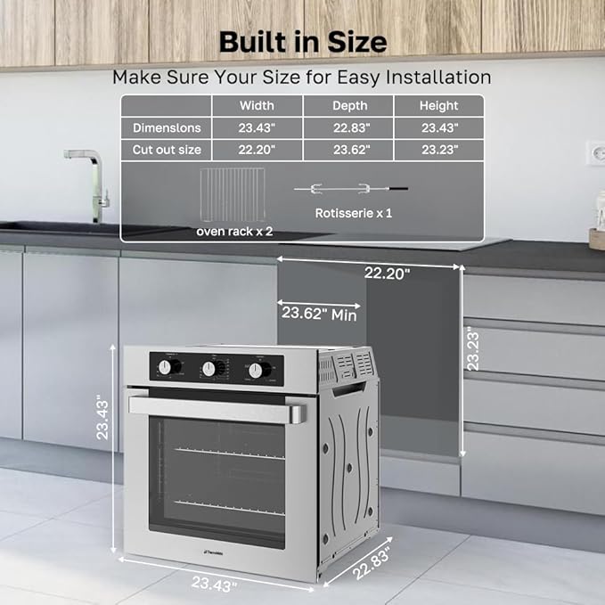 Thermomate 24" Gas Wall Oven, ETL Certified, 2.12 Cu.ft. Natural Gas with Bake Broil Rotisserie Functions, Timer and Convection Fan, 120V Cord Plug, Stainless Steel