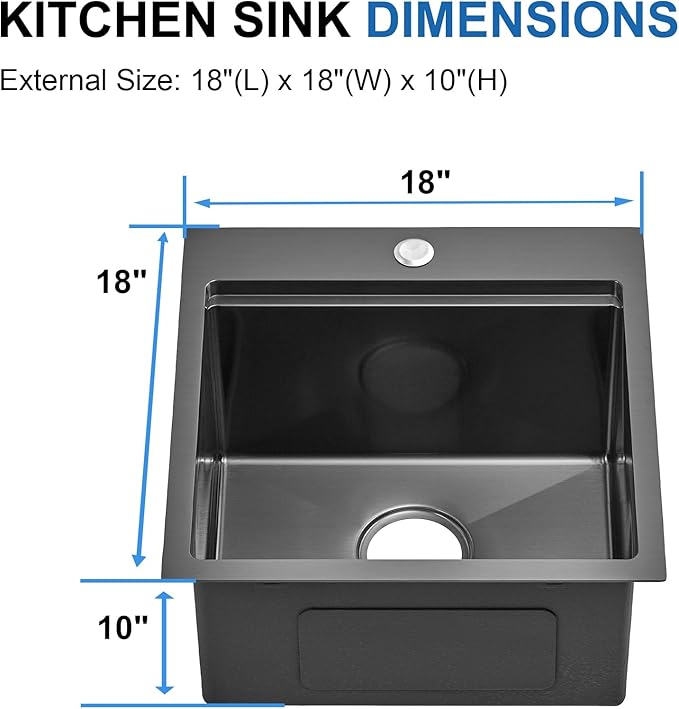 Scamall 18x18x10 Drop In Kitchen Sink Workstation, Nano Black 304 Stainless Steel Deep Single Bowl with Quick Drainage & Tarnish-Free Surface for Bar, Laundry, RV, Includes Accessories