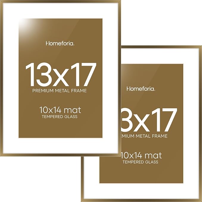 Homeforia 13x17 Picture Frame Bronze, High End Metal 13x17 Brass Poster Frames with Mat 10x14 Photo, 13 x 17 Frame Matted to 10 by 14 inch Print, 17by13 Thin Frames, Tempered Glass, Wall Kit, Set of 2