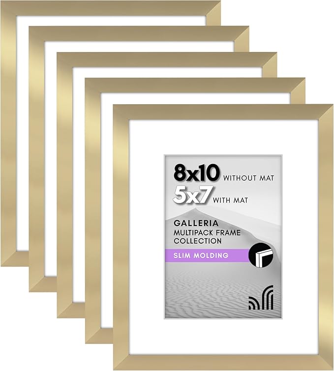 Americanflat 8x10 Picture Frame with Polished Plexiglass - Set of 5 - Use as 5x7 Frame with Mat or Display 8x10 Photo Without Mat - Galleria Collection - Picture Frames for Tabletop and Wall - Gold