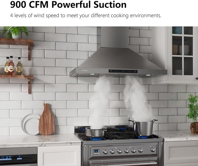 IKTCH 36-inch Wall Mount Range Hood 900 CFM Ducted/Ductless Convertible, Kitchen Chimney Vent Stainless Steel with Gesture Sensing & Touch Control Switch Panel, 2 Pcs Adjustable Lights(IKP02-36'')