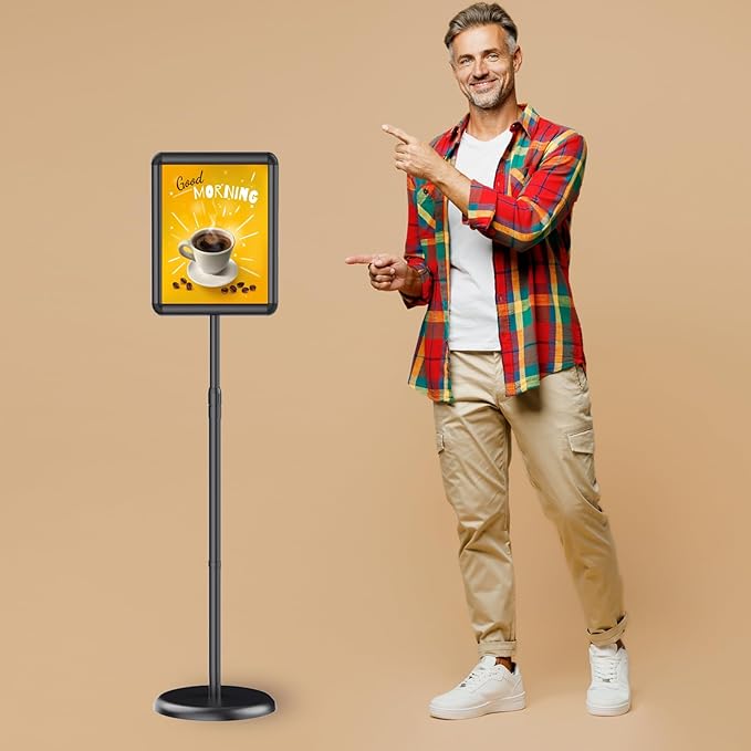 Pedestal Floor Stand Sign Holder for 11*17 inches Poster or chalk board, Snap open frame,360° Rotation,Outdoor Indoor Standing Display Sign Holders for commerical, directional use, Black