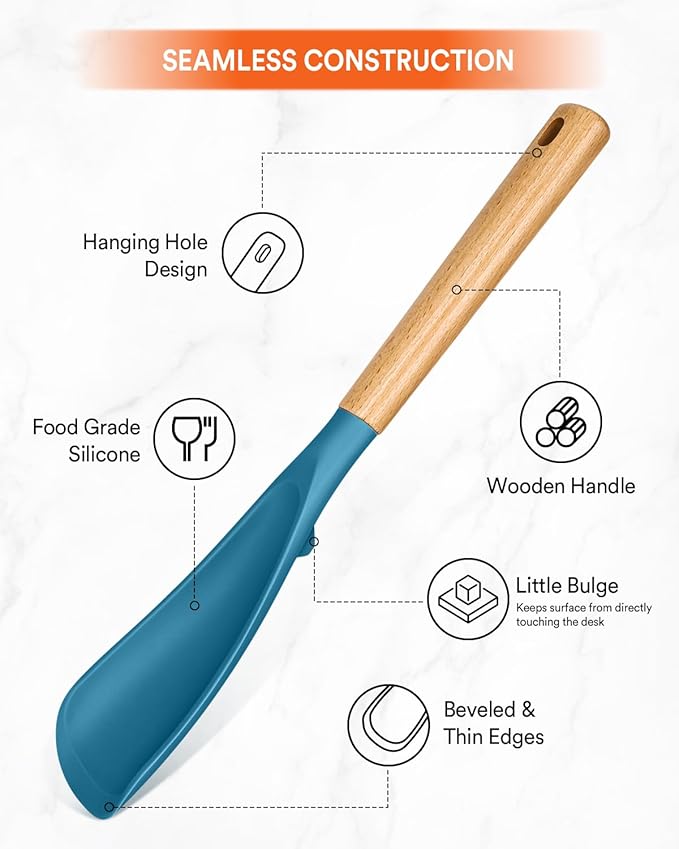 Cooking Spoon for Nonstick Cookwares, Great for Cooking and Serving Sturdy BPA-Free Matte Silicone, Wood Handle Spoon for Mixing, Scoop, and Scrape (TURQ, 13.4 inch)