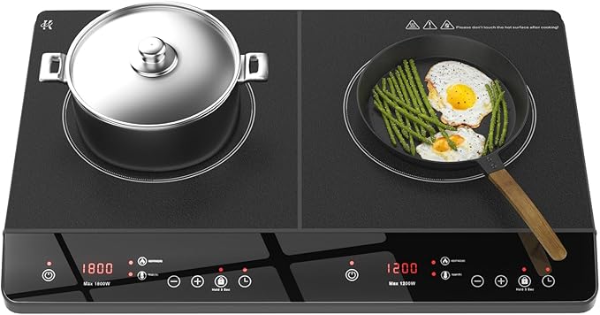 Double Induction Cooktop, 1800W Portable Induction Cooktop 2 Burner Independent Touch Control, Ceramic Electric Stove with 9 Temperature and Power Level, Safety Lock, 3 Hour Timer - Black