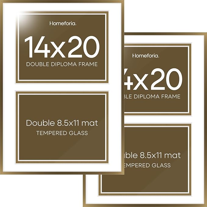 Homeforia 14x20 Double Diploma Frame Bronze, High End Metal 14 x 20 Certificate Frames with Mat for Two 8.5 x 11 Diplomas, 14by20 Dual Award Graduation Matted Frame, Tempered Glass, Wall Kit, Set of 2