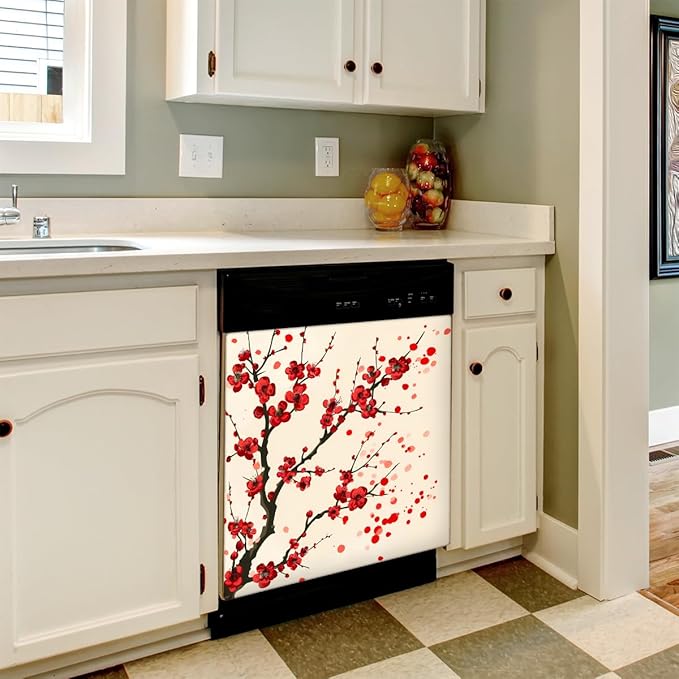 Dishwasher Magnet Cover Red Japanese Cherry Blossom Flower Reusable Dishwasher Magnetic Cover Sticker Decorative Dish Washer Door Cover Panel for Home Kitcen Appliance