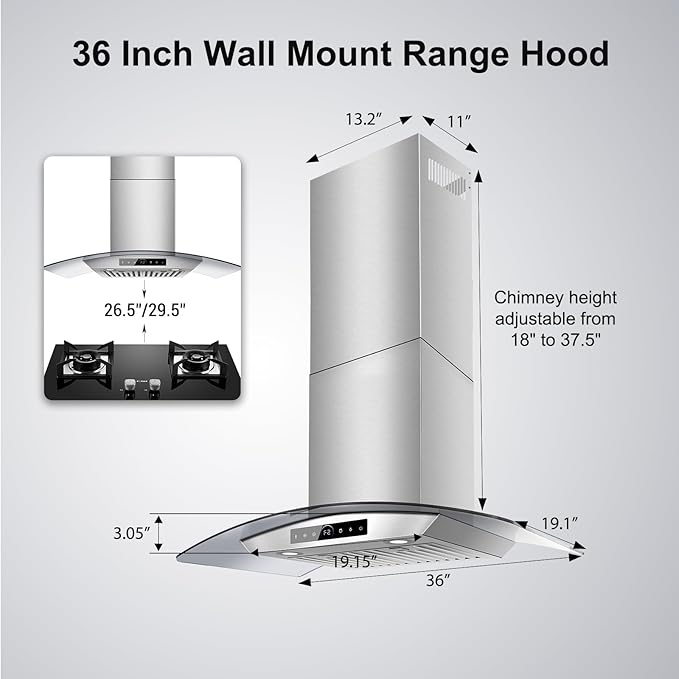 36 inch Range Hood Wall Mount, 1200 CFM with 4-Speed Gesture Sensing & Touch Control, Stainless Steel Ducted Kitchen Stove Vent Hoods with 2 LED Lights, Time Setting, Dishwasher-Safe Baffle Filters