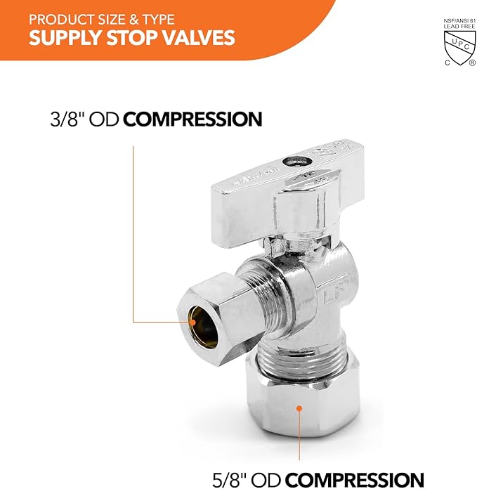 Stainless Steel Toilet Connection Kit - Braided Water Hose, 3/8" Compression x 7/8" Metal Ballcock, 12" Length (5Pack) + Supply Stop Valves, 5/8" x 3/8" Compression (5Pack)