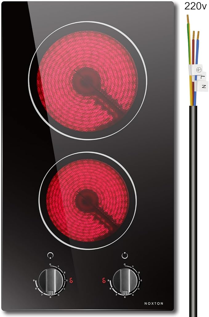 2 Burner Electric Cooktop, Noxton 12 inch Built-in Electric Stove Top, 3000W 220-240v Ceramic Cooktop with Knob Control 9 Heating Level, Hot Warning, Hardwired, No plug