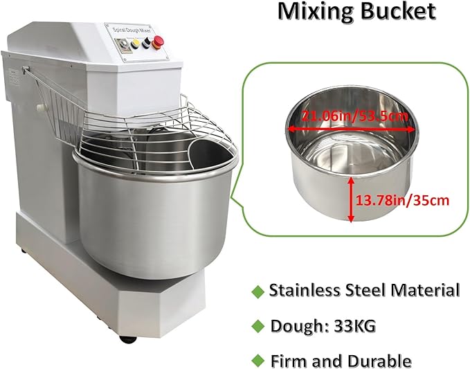 80L Commercial Dough Mixer Spiral Stand Mixer, Dual Speed & Dual Action, Stainless Steel Dough Kneading Machine, 72LB Dry Flour Capacity, for Bakeries Pizzerias, 220V, 3-Phase