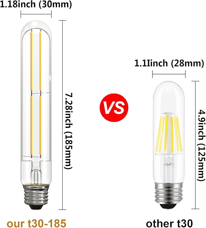 ASOKO 7.3 Inch E26 Led Bulb 6W Dimmable, 4000K Daylight Edison Bulbs 900LM, Tubular T30 Clear Glass Light Bulb 3 Pack
