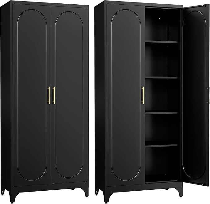 Kitchen Pantry Cabinet,75 Inch Black Metal Storage Cabinet with Door and Adjustable, Tall Pantry Cabinets for Kitchen Storage,Cupboard for Living Room,Dining Room and Bathroom