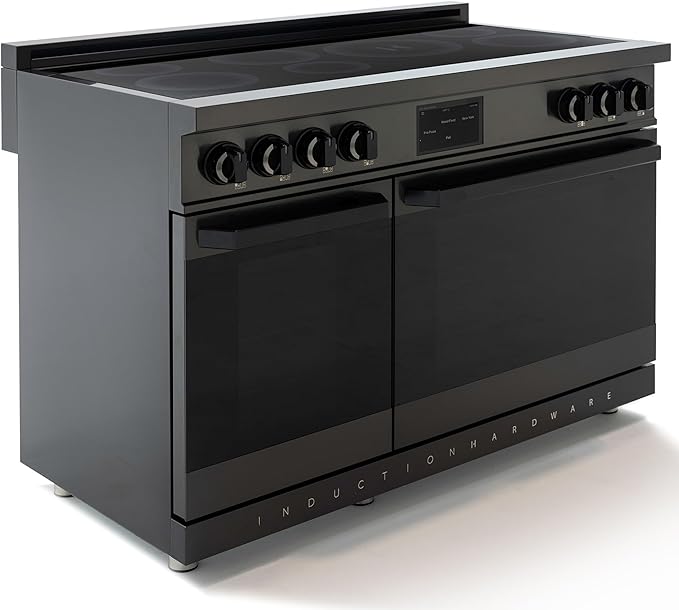 48 Inch Professional Induction Range with Double Convection Ovens, Air Fry, 7 Burner Electric Stove, Pizza Stone - Black Stainless Steel