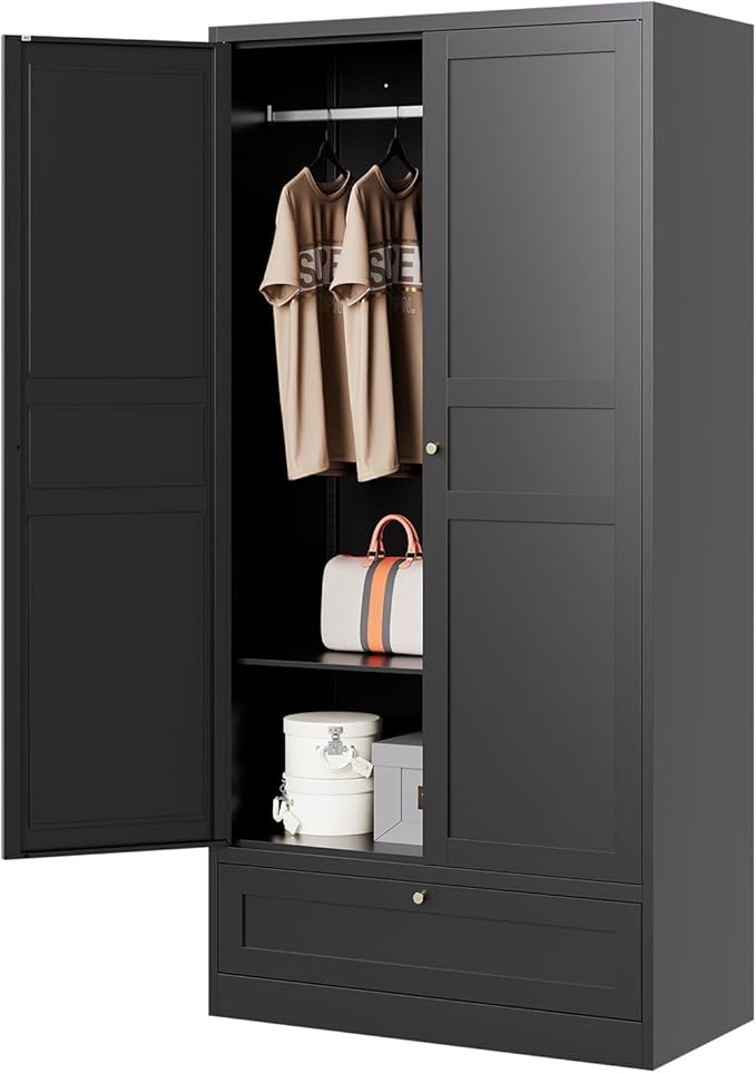 Letaya Wardrobe Closet,72" H Clothing Metal Storage Cabinet with Storage Drawer Adjustable Shelves and Hanging Rod,Bedroom Armoire Cabinet Clothes Organizer (Black) | Storage Drawer, Adjustable Shelves, Hanging Rod, Armoire Cabinet, Clothes Organizer