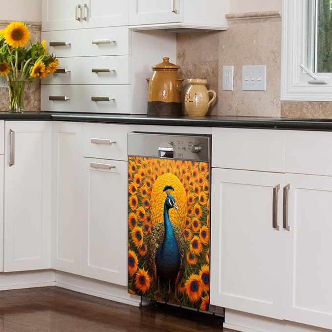 Peacock Sunflower Bright Dishwasher Magnet Cover, Reusable Refrigerator Panel Stickers Microwave Front Door Covers Magnets for Kitchen Home Appliances Holiday Party Decorations 23 X 26 in