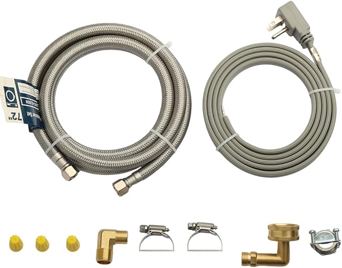 PLUMBERMASTER Dishwasher Installation Kit, 6ft Water Supply Line with with 3/8" x 3/8" Compression,3-Prong Straight Power Cord, Elbow Connectors&Adapters,Braided Stainless Steel Dishwasher hose Kit