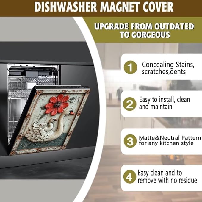 Swan with Red Flower Magnetic Dishwasher Cover Vinyl Sticker,Vintage Wooden Floral Dishwasher Magnet Cover,Rustic Wood Fridge Door Cover Magnets Art Skin Panel Decal for Home Decor, 23"X26"