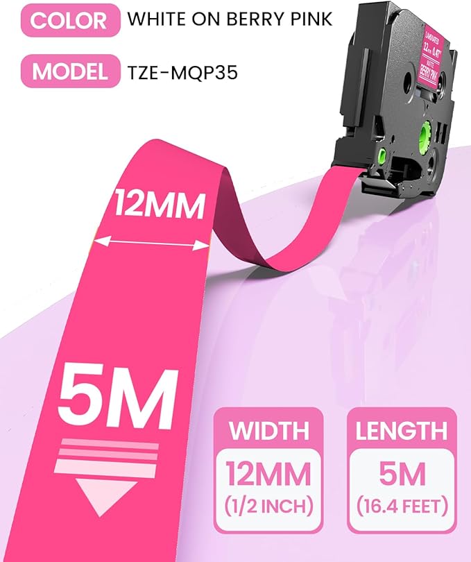 Replacement for Brother P Touch Label Tape White on Berry Pink TZe-MQP35 12mm 0.47'' Laminated TZe TZ Label Maker Tape, Compatible with PT-D210 PT-D220 PT-H110 PT-D400 PT-D410 PT-D600, 2-Pack
