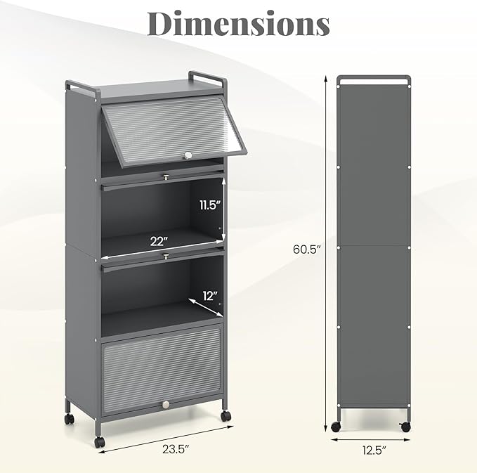 Giantex 5-Tier Kitchen Storage Cabinet, Mobile Microwave Stand with Flip-up PC Doors, Freestanding Kitchen Bakers Rack with 4 Rolling Casters, for Dining Room, Living Room and Study, Grey