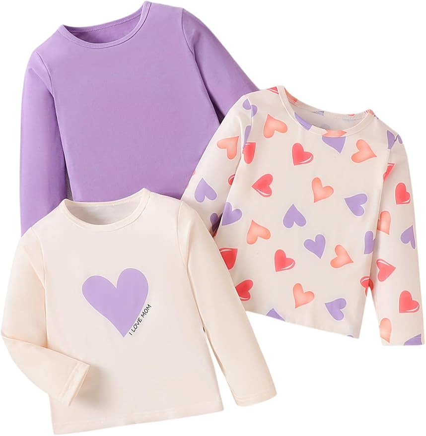 3 Pack Toddler Girls Shirts Long Sleeve Shirt for Girls Tees Kids Tshirts Clothes Fall Tops T-Shirt 2-8 Years