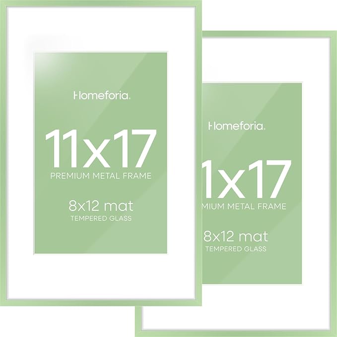 Homeforia 11x17 Picture Frame Sage Green, High End Metal 11x17 Poster Frames with Mat 8x12 Photo, 11 x 17 Sage Green Frame Matted to 8 by 12 Art, 17x11 Thin Frames, Tempered Glass, Wall Kit, Set of 2
