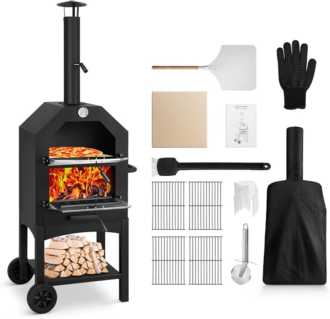 EDOSTORY Outdoor Pizza Oven, Wood Fired for Outside, Patio Maker With Stone, Peel, Grill Rack, and Waterproof Cover for Backyard Camping