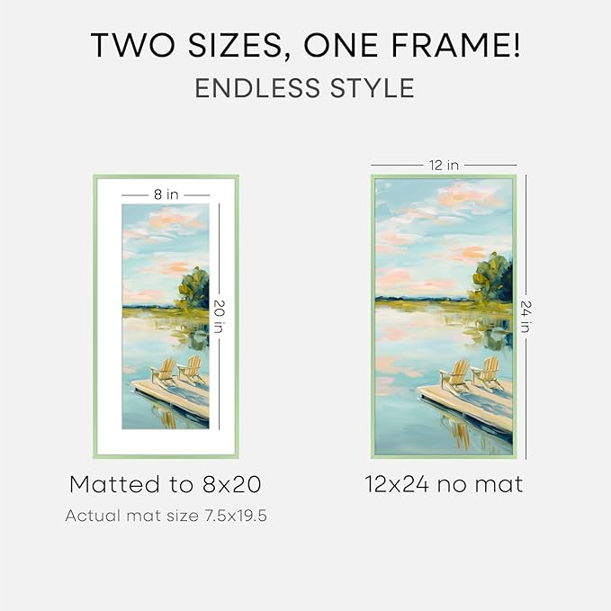 Homeforia 12x24 Sage Green Picture Frame, High End Metal 12x24 Poster Frames with Mat 8x20 Photo, 12 x 24 Green Frame Matted to 8 x 20 Print, 24x12 Panoramic Frames, Tempered Glass, Wall Kit, Set of 2