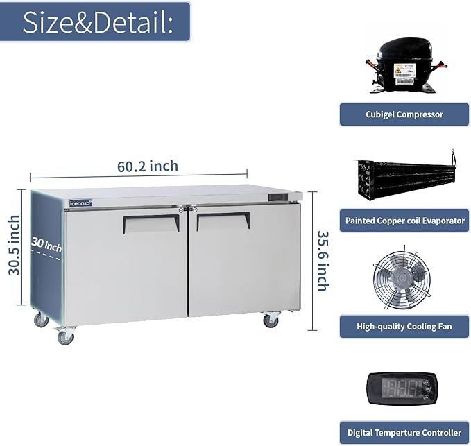 ICECASA 60" W Commercial Refrigerator Worktop Undercounter Refrigerator Double Door Stainless Steel Counter Fan Cooling Refrigerator 16.4 Cu.ft for Restaurant, Bar, Shop, etc