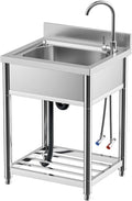 Free Standing Stainless-Steel Single Bowl Commercial Restaurant Kitchen Sink Set w/Faucet, Prep & Utility Washing Hand Basin w/Storage Shelve, laundry tub for Indoor Outdoor (22in)