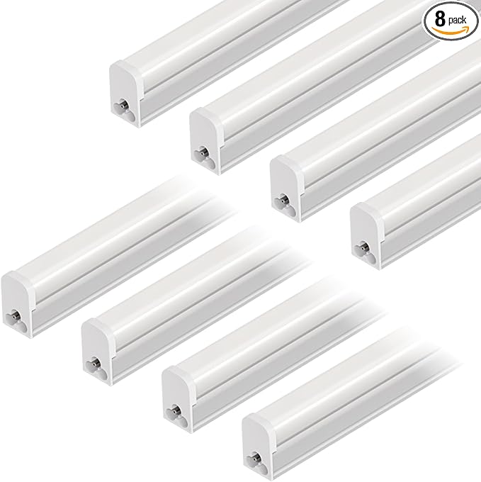 8 Pack T5 LED Shop Light 2FT, 10W, 5000K, 1100LM Super Bright, Linkable Under Cabinet Lighting, Easy Installation Ceiling Fixture for Workshop, Basement, Garage, DIY Projects
