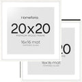 Homeforia 20x20 White Picture Frame, High End Oak 20 x 20 Square Wood Frames with Mat 16 by 16 inches Photo, 20by20 White Wooden Poster Frames Matted to 16x16 Print, Tempered Glass, Wall Kit, Set of 2