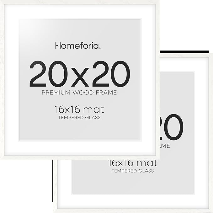 Homeforia 20x20 White Picture Frame, High End Oak 20 x 20 Square Wood Frames with Mat 16 by 16 inches Photo, 20by20 White Wooden Poster Frames Matted to 16x16 Print, Tempered Glass, Wall Kit, Set of 2
