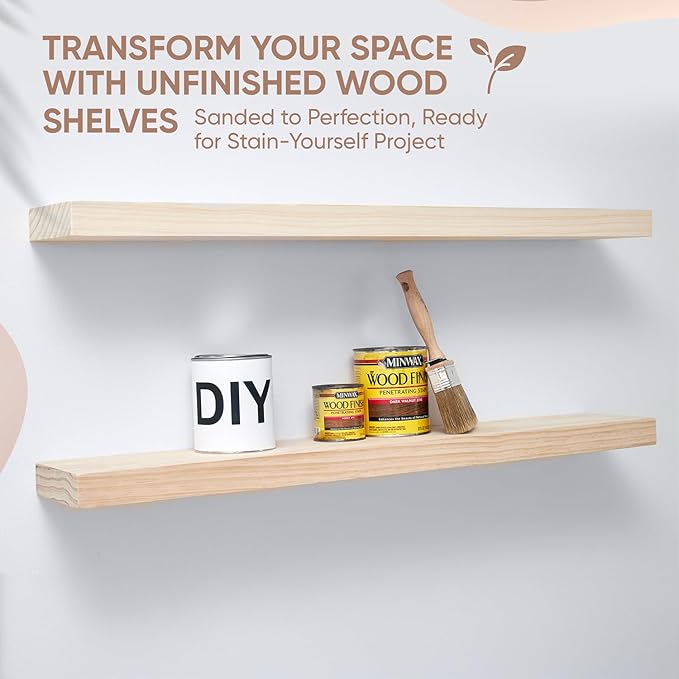 Homeforia 36 inch Wood Floating Shelves, High End Solid Natural Wood 36inch Large Floating Shelf Bathroom, Unfinished Wooden Floating Shelves for Wall, Heavy Duty Bracket, 36 X 6.5 X 1.75 in, Set of 3