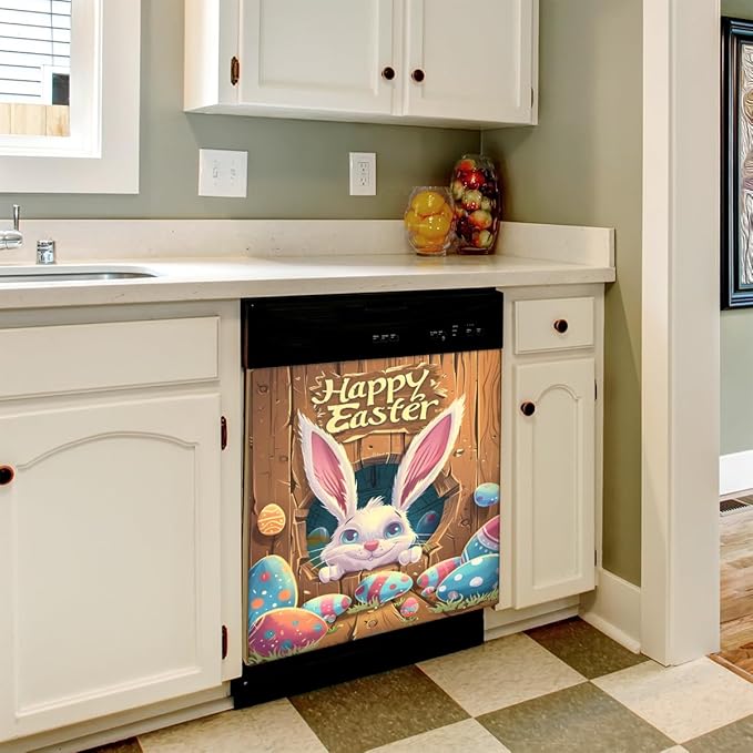 Cute Easter Bunny Egg Wood Cave Dishwasher Magnet Cover, Reusable Refrigerator Panel Stickers Microwave Front Door Covers Magnets for Kitchen Home Appliances Holiday Party Decorations 23 X 26 in