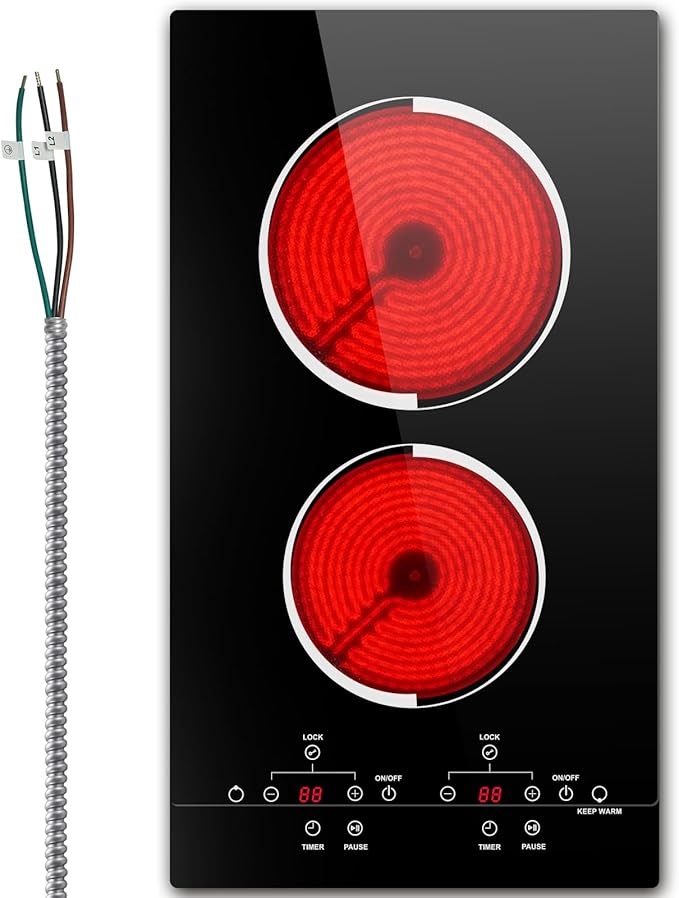 Karinear 2 Burner Electric Cooktop, 12 Inch Ceramic Glass Stove Top 3000W, Touch Control with 9 Power Levels, Timer & Child Safety Lock,Pause, for All Cookware, 240V Hardwired Drop-in Install