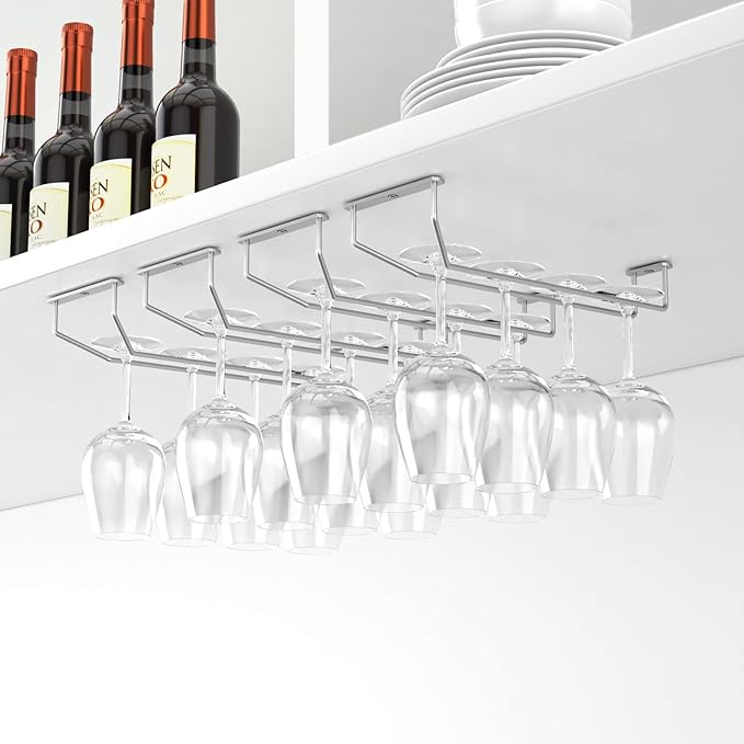 14-Inch Under Cabinet Wine Glass Holder - Metal Stemware Hanger, Single Rail Wine Glass Hanging Rack for Kitchen Bar - Set of 3