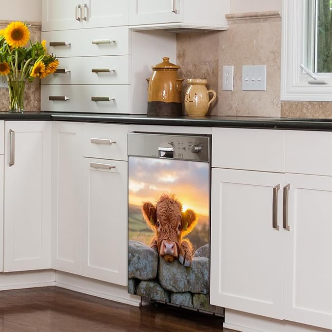 Animal Highland Cow Dishwasher Magnet Cover Highland Cow Magnetic Dishwasher Decorative Cover Front Dishwasher Door Cover Reuseable Dishwasher Cover for Kitchen Refrigerator Home Appliances 23" X 26"