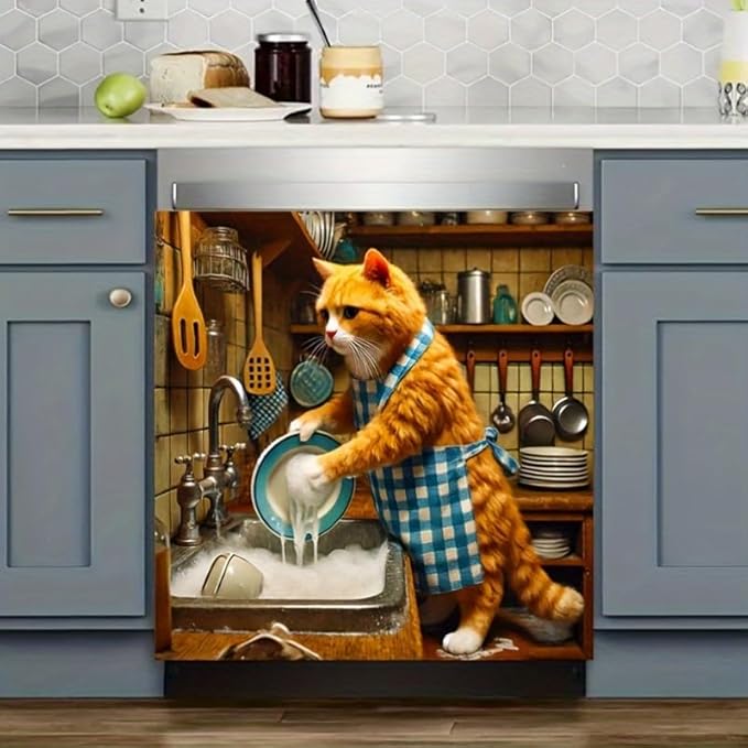 Cat Dishwasher Cover Magnet Kitchen Decor 23x26 Inch Funny Cat Dishwasher Magnet Cover Front Door Panel Decal Cover Sticker for Country Farmhouse Window Fridge Decoration