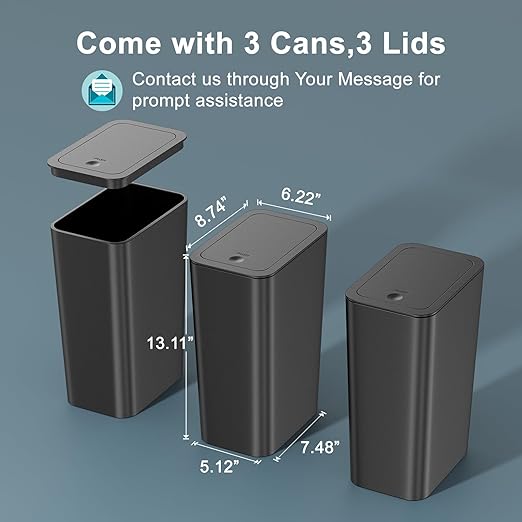 N. NETDOT 3 Pack 10 Liter Small Trash Can with lid, 2.6 Gallon,Garbage Can Slim Trash Bin Waste Basket for Bathroom,Kitchen,Bedroom,Living Room,Office,Laundry - Black
