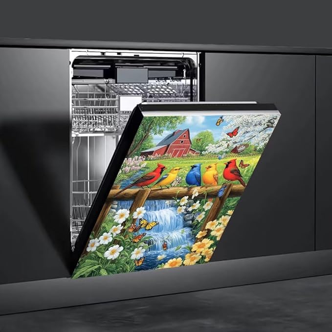 Colorful Birds on Fence with Red Barn Farm Scene Magnetic Dishwasher Cover Vinyl Sticker,Spring Dishwasher Magnet Cover,Fridge Door Cover Magnets Art Skin Panel Decal for Home Decor, 23"X26"