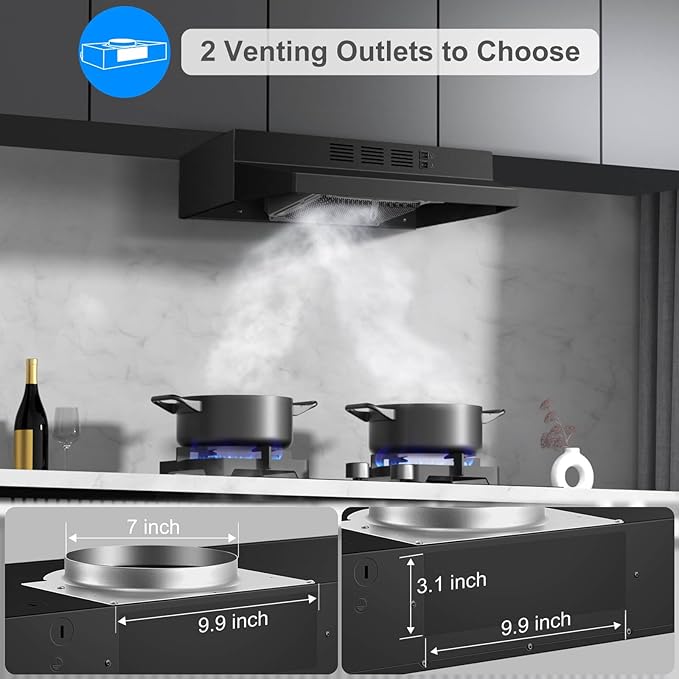SNDOAS Black Range Hood 24 inch,Ductless Range Hood Under Cabinet,Black Coating Stainless Kitchen Exhaust Hood with 2-speed Fan,230 CFM,Rocker Switch,Hard-wired Stove Vent Black Ventless